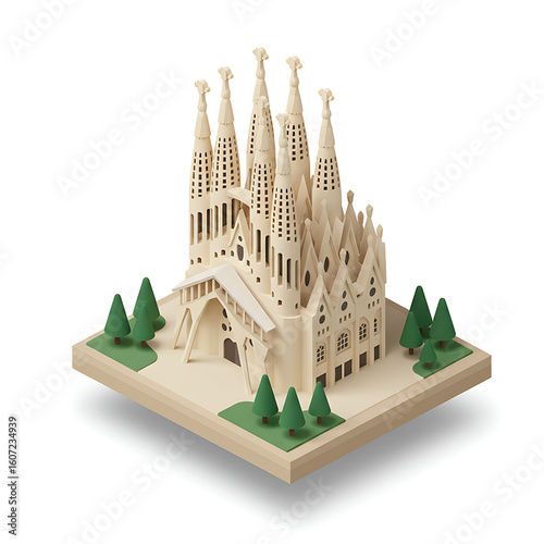 Wallpaper Mural Isometric illustration of Sagrada Familia, Barcelona, showcasing its intricate facade and surrounding miniature trees. Torontodigital.ca