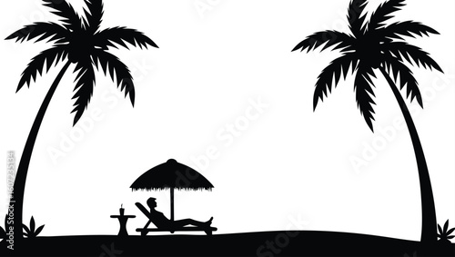 Tropical beach scene with palm trees and relaxing person silhouette relaxation