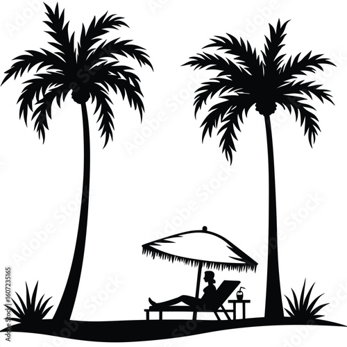 Tropical beach scene with palm trees and reclining person vacation relaxation