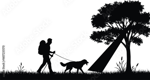 Silhouette of person walking dog, outdoor nature scene, black white contrast, tree grass composition, peaceful moment, lifestyle, pet companionship