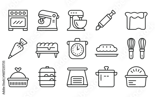 Baking & Kitchen Appliances Outline Icons: Vector Set for Cooking, Home, and Culinary Themes. Food Preparation Line Art Collection