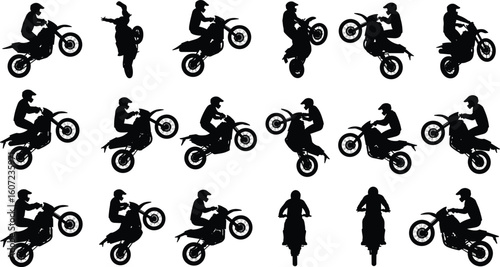 Silhouettes of motorcyclists performing stunts, extreme sports action, wheelies, jumps, motocross tricks, biker adventure, dynamic movement, bold riding thrill