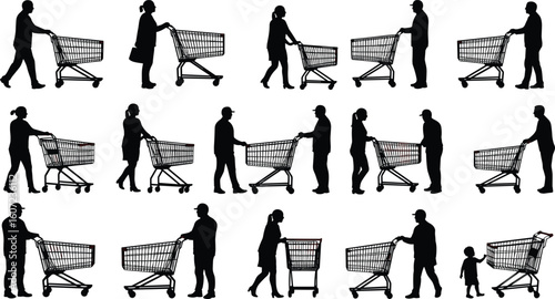 Silhouettes of people pushing shopping carts, retail shopping scene, consumer behavior concept, grocery store vector, black and white illustration, isolated design