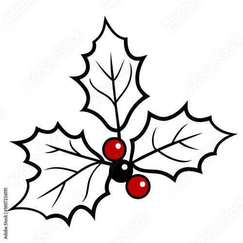 Stylized holly leaves with red berries and black center