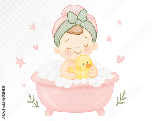 Watercolor cute baby girl taking bath with towel on head, rubber duck, bubbles and pink bathtub. Spa time children hygiene and relaxation scene. Vector illustration.