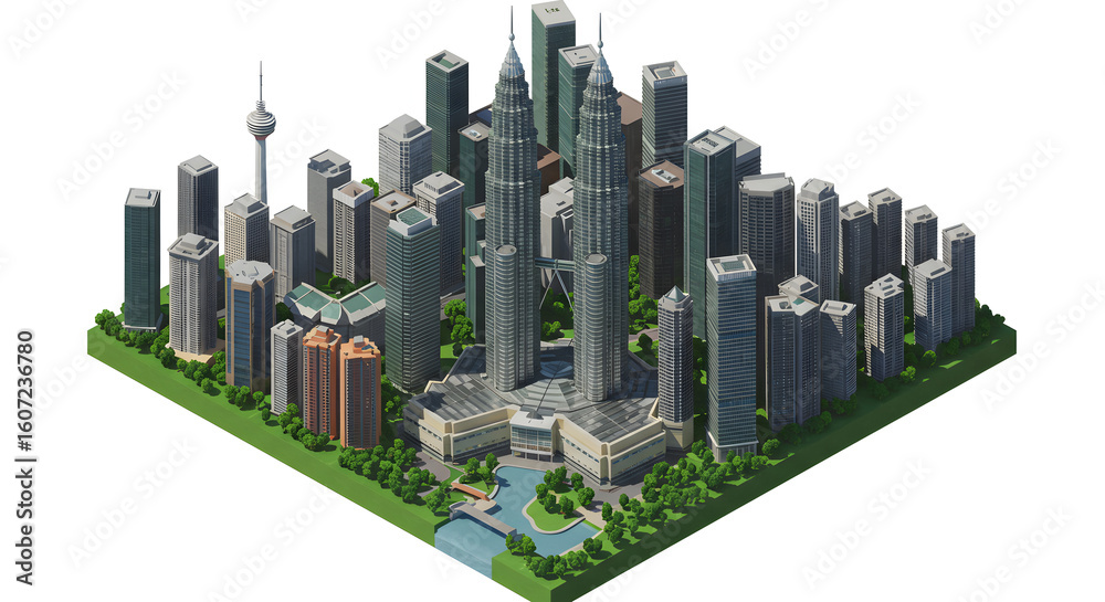Obraz premium Isometric Illustration of Kuala Lumpur Skyline, Featuring Petronas Towers and Cityscape