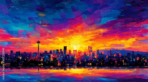Vibrant sunset over a colorful city skyline reflected in water.