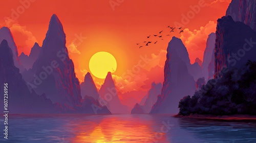 Stunning sunset over a tranquil mountain lake with vibrant colors and serene landscape.