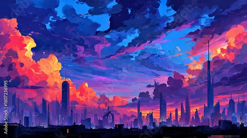 Vibrant city skyline at dusk with colorful clouds and futuristic architecture.