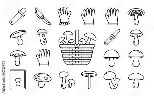 Mushroom Foraging & Picking Line Art Vector Icon Set: Basket, Gloves, Knife & Various Fungi - Outline Graphics for Nature & Hobby