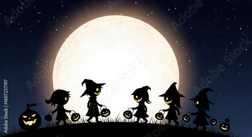 Halloween Children Trick or Treating Silhouettes Against Full Moon