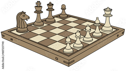 Chessboard with chess pieces showing a knight, king, queen, pawns, and bishops on a checkered board