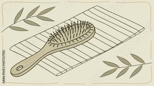 Illustration of a hairbrush on a striped towel with olive branches on a light beige background