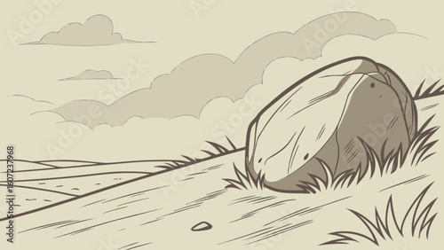 A boulder sits on a grassy hill with clouds in the sky and a field in the distance landscape view