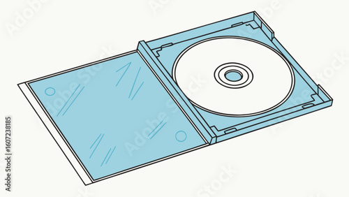 Illustration of a compact disc in a light blue jewel case with the case open on a white background
