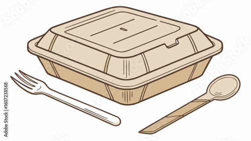 Illustration of a closed takeout container with a plastic fork and a wooden spoon beside it