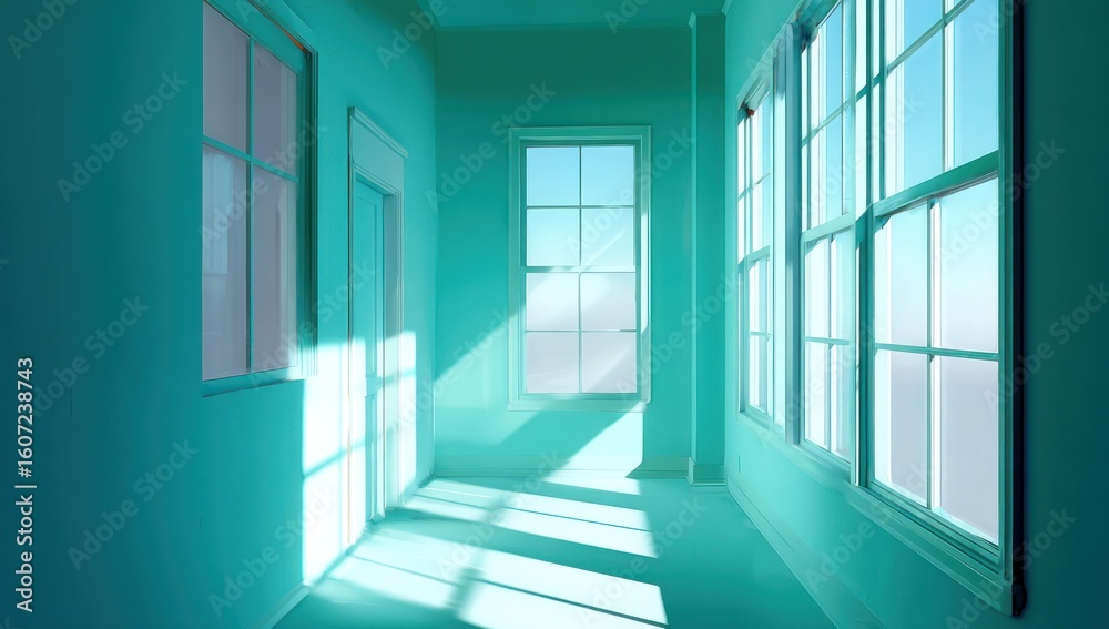 Obraz premium Teal hallway with sunlight streaming through windows.