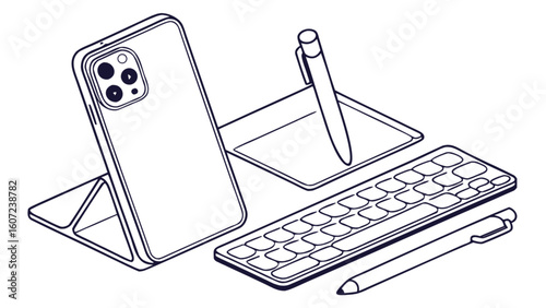 Illustration of a smartphone in a case with keyboard and stylus on a light background surface area