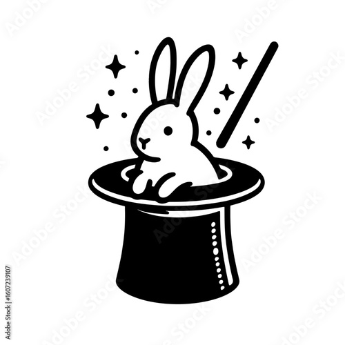 Rabbit emerging from magician hat silhouette with transparent background trick 1