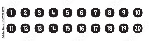 Bullet Points icon set in line style, Simple round numbers in flat style, Set of 1-20 numbers simple black symbol sign for apps, UI, and website, vector illustration.