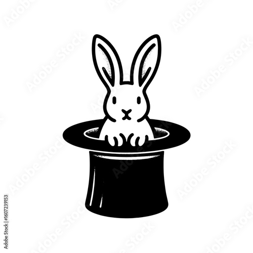 Rabbit emerging from magician hat silhouette on white background trick