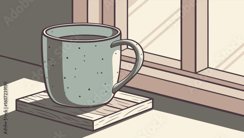 A speckled mug of coffee sits on a wooden coaster next to a window casting light and shadows indoors