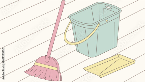 Illustration showing a pink broom, a light blue bucket, and a yellow dustpan on a wooden floor