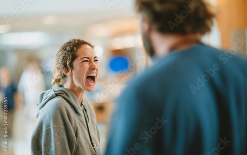 A photograph of an angry woman yelling at her husband in the hospital lobby,