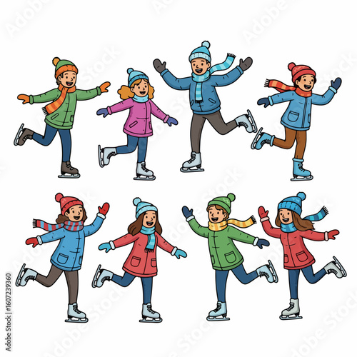 Kids ice skating winter fun colorful characters joyful activity