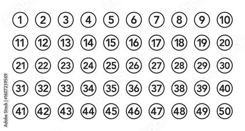 Bullet Points icon set in line style, Simple round numbers in flat style, Set of 1-50 numbers simple black symbol sign for apps, UI, and website, vector illustration.