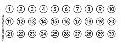 Bullet Points icon set in line style, Simple round numbers in flat style, Set of 1-30 numbers simple black symbol sign for apps, UI, and website, vector illustration.