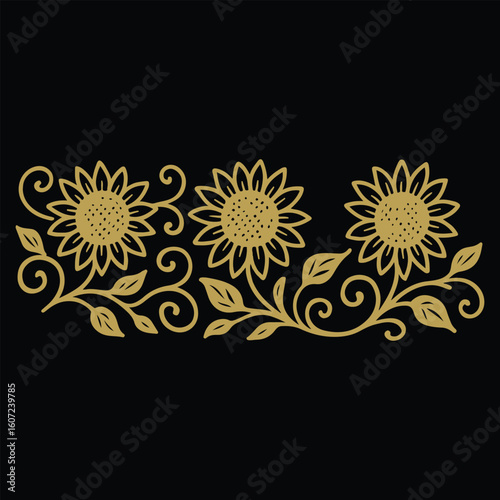 Elegant Sunflower Border Design with Swirling Vines and Leaves A Botanical Flourish for Crafts and Decorations