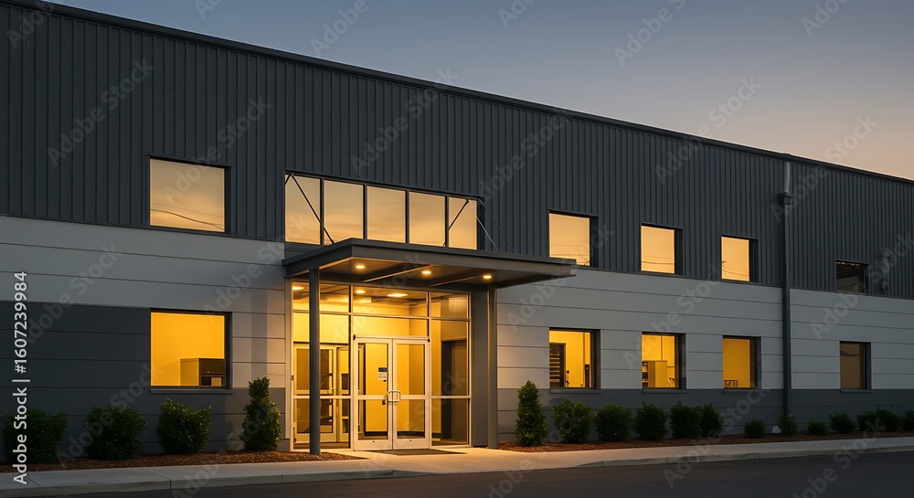 Fototapeta premium Commercial building at dusk with warm interior lights and modern design