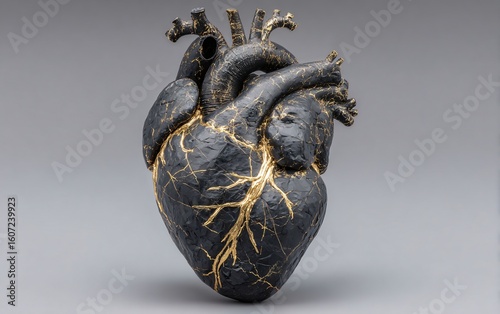  A heart made of black marble with golden veins, symbolizing the healthy and strong state of an urban surroundings, 