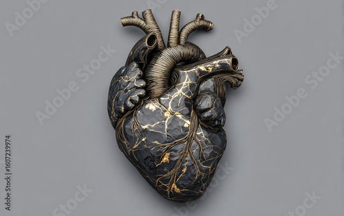 A black marble heart with golden veins, with the gold cracks running through it like an anatomical network of delicate silver and white. 