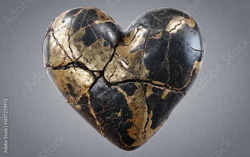  A heart made of black marble with gold veins, placed on an isolated gray background. The composition is centered, and the heart appears to be slightly cracked on one side. 