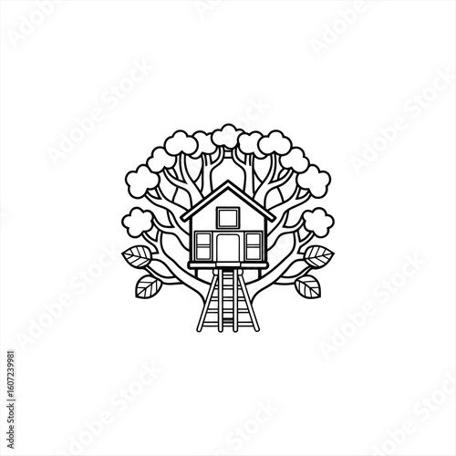 Whimsical treehouse with ladder and lush foliage