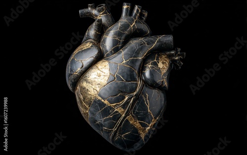 A black human heart with golden cracks, against a solid background. 