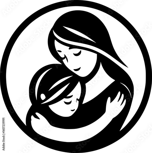 Minimalist black and white vector icon of a mother hugging her daughter. Clean, modern lines. Perfect for logos, stickers, or digital use.