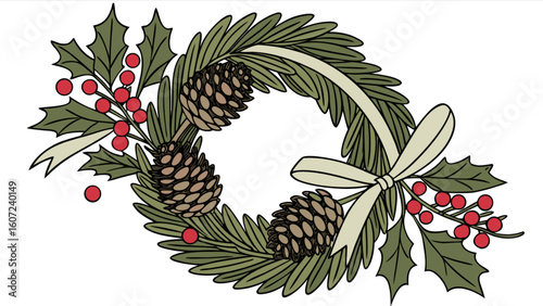 Festive holiday wreath with pine cones holly berries and a decorative ribbon tied in a bow shape
