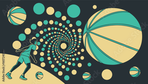 Person dribbling a ball with a spiral of circles and large striped balls in the background art style