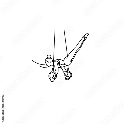 Black and white sketch of a gymnast performing aerial ring acrobatics, symbolizing strength and grace.