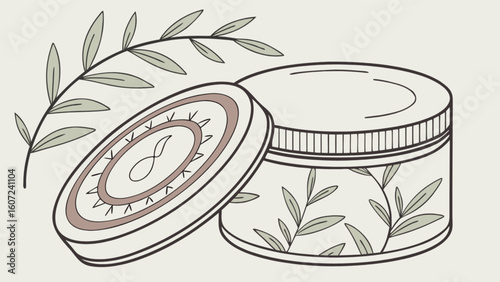 Illustration of a cream jar with a lid and a branch with leaves on a light background design style
