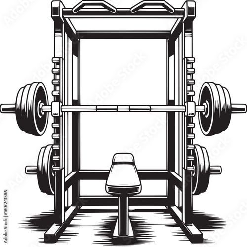 Gym equipment illustration: power rack, barbell, weight plates for strength training and fitness