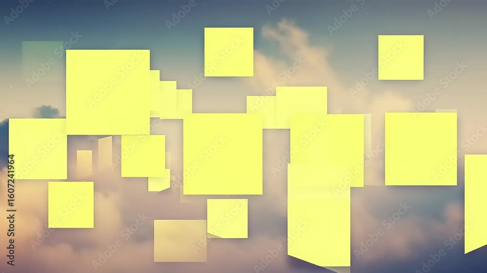 Yellow geometric shapes floating above soft clouds