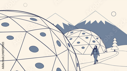 A lone astronaut walks past geodesic domes in a snowy landscape with mountains in the background