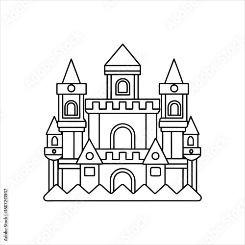 Simple outline drawing of a majestic castle with towers and battlements