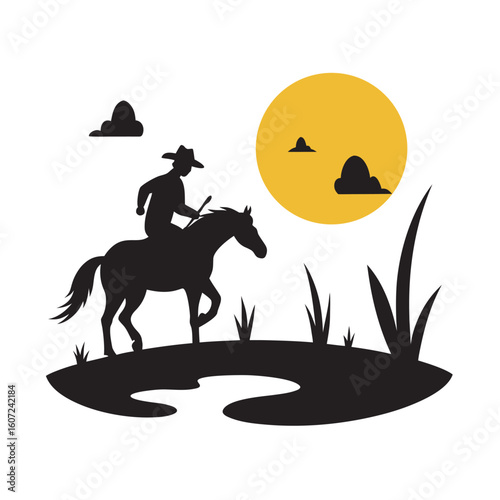 Cowboy Crossing Desert River On Horse Silhouette