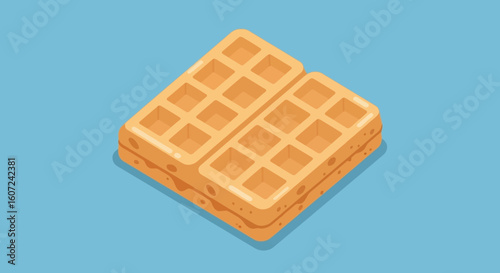 Isometric Delight: A Stack of Waffles Bathed in Warm Light with Geometric Precision on Pastel Blue Ground