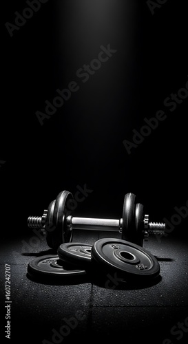 Dramatic studio shot of a dumbbell with weight plates
